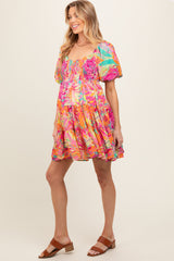 Fuchsia Printed Smocked Puff Sleeve Maternity Dress