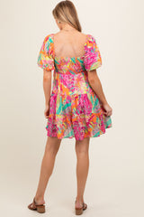 Fuchsia Printed Smocked Puff Sleeve Maternity Dress