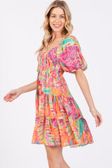 Fuchsia Printed Smocked Puff Sleeve Dress