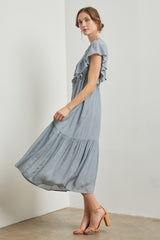 Light Blue Cuffed Sleeve Front Tie Maxi Dress