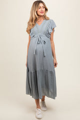 Light Blue Cuffed Sleeve Front Tie Maternity Maxi Dress