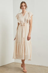 Cream Cuffed Sleeve Front Tie Maternity Maxi Dress