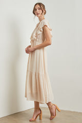 Cream Cuffed Sleeve Front Tie Maxi Dress