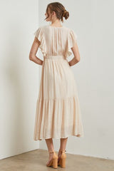 Cream Cuffed Sleeve Front Tie Maxi Dress