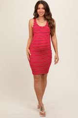 Red Striped Rib Knit Maternity Dress