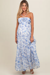 Blue Floral Halter Maxi Maternity Dress