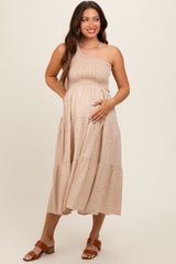 Beige Floral Linen Smocked One Shoulder Tiered Maternity Midi Dress