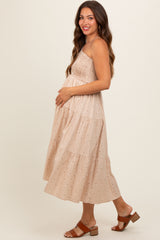 Beige Floral Linen Smocked One Shoulder Tiered Maternity Midi Dress