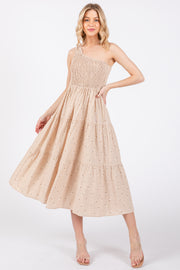 Beige Floral Linen Smocked One Shoulder Tiered Midi Dress