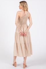 Beige Floral Linen Smocked One Shoulder Tiered Midi Dress