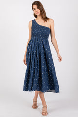 Navy Blue Floral Linen Smocked One Shoulder Tiered Midi Dress