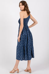 Navy Blue Floral Linen Smocked One Shoulder Tiered Midi Dress