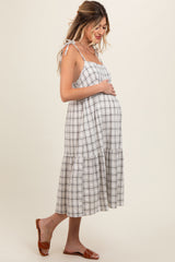 Ivory Plaid Shoulder Tie Maternity Midi Dress