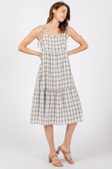 Ivory Plaid Shoulder Tie Midi Dress