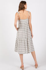 Ivory Plaid Shoulder Tie Midi Dress