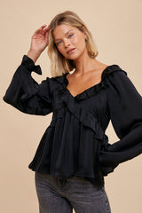 Black Washed Satin Cross Ruffled Long Sleeve Blouse