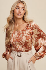 Rust Silky Satin Floral Smocked Square Neck Blouse Top