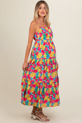 Multi-Color Floral Low Back Tiered Maternity Midi Dress