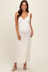 Cream Knit Deep V-Neck Maternity Maxi Dress