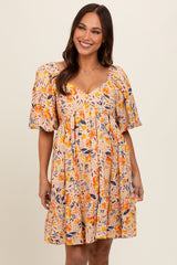 Multicolor Floral Print Puff Sleeve Maternity Dress