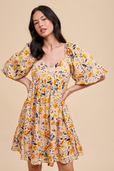 Multicolor Floral Print Puff Sleeve Dress