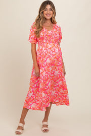 Fuchsia Floral Smocked Ruffle Short Sleeve Maternity Midi Dress