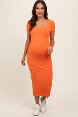 Orange Ribbed Fitted Maternity Midi Dress