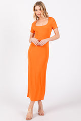 Orange Ribbed Fitted Maternity Midi Dress