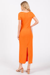 Orange Ribbed Fitted Midi Dress