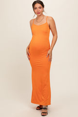 Orange Ribbed Fitted Maternity Maxi Dress