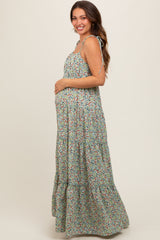 Light Olive Floral Ruched Square Neck Shoulder Tie Tiered Maternity Maxi Dress