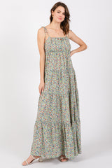 Light Olive Floral Ruched Square Neck Shoulder Tie Tiered Maternity Maxi Dress