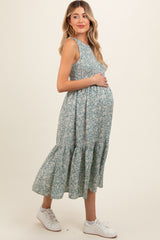 Teal Floral Smocked Ruffle Hem Sleeveless Maternity Midi Dress