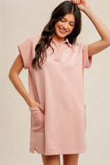 Pink Terry Cuff Sleeve Pocketed Collared Maternity Dress