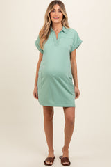 Mint Terry Cuff Sleeve Pocketed Collared Maternity Dress