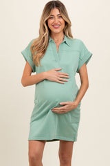 Mint Terry Cuff Sleeve Pocketed Collared Maternity Dress