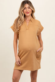 Mustard Terry Cuff Sleeve Pocketed Collared Maternity Dress