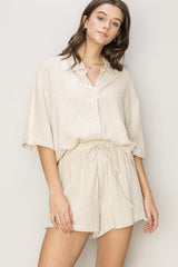 Beige Linen Blend Short Sleeve Maternity Short Set