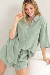 Mint Green Linen Blend Short Sleeve Short Set