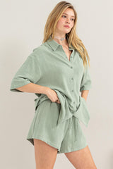 Mint Green Linen Blend Short Sleeve Short Set