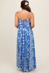 Royal Blue Floral Ruffle Shoulder Cut-Out Back Maternity Maxi Dress