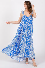 Royal Blue Floral Ruffle Shoulder Cut-Out Back Maternity Maxi Dress