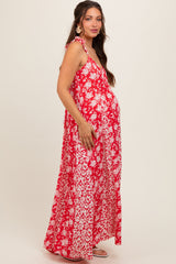 Red Floral Ruffle Shoulder Cut-Out Back Maternity Maxi Dress