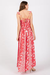 Red Floral Ruffle Shoulder Cut-Out Back Maxi Dress