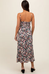 Black Floral Front Cutout Drawstring Tie Maternity Midi Dress