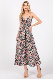 Black Floral Front Cutout Drawstring Tie Midi Dress