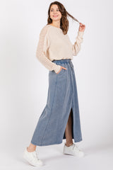 Blue Terry Drawstring Midi Skirt