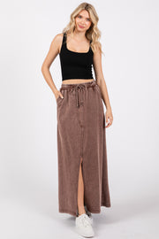 Brown Terry Drawstring Midi Skirt