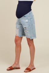 Light Blue Distressed Denim Bermuda Maternity Shorts