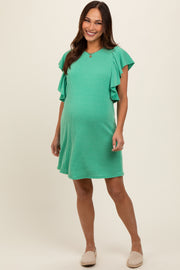 Green Ribbed Ruffle Sleeve Maternity Dress